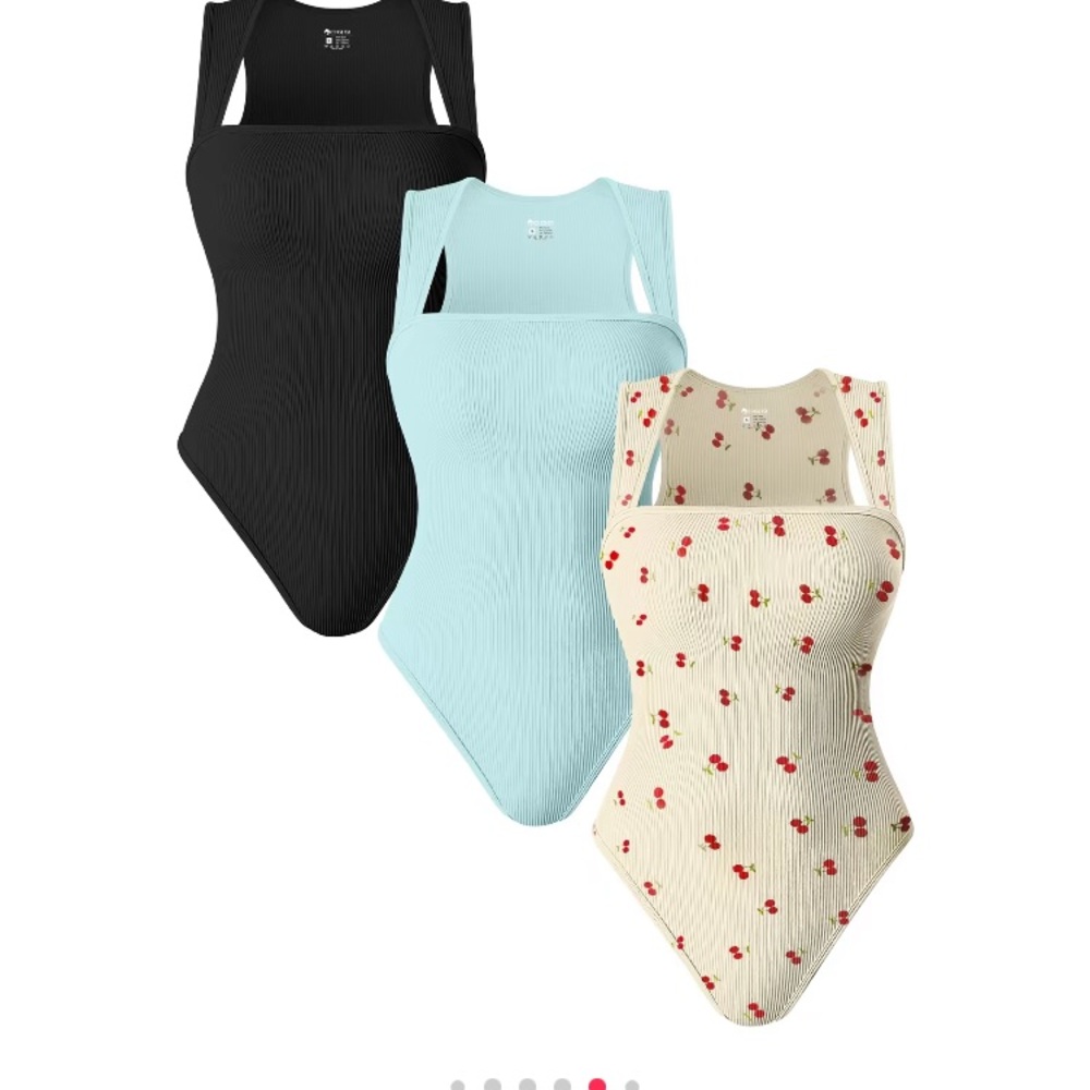 3 TikTok shop OQQ square bodysuits size XL- cherry,blue, black. Worn ONCE